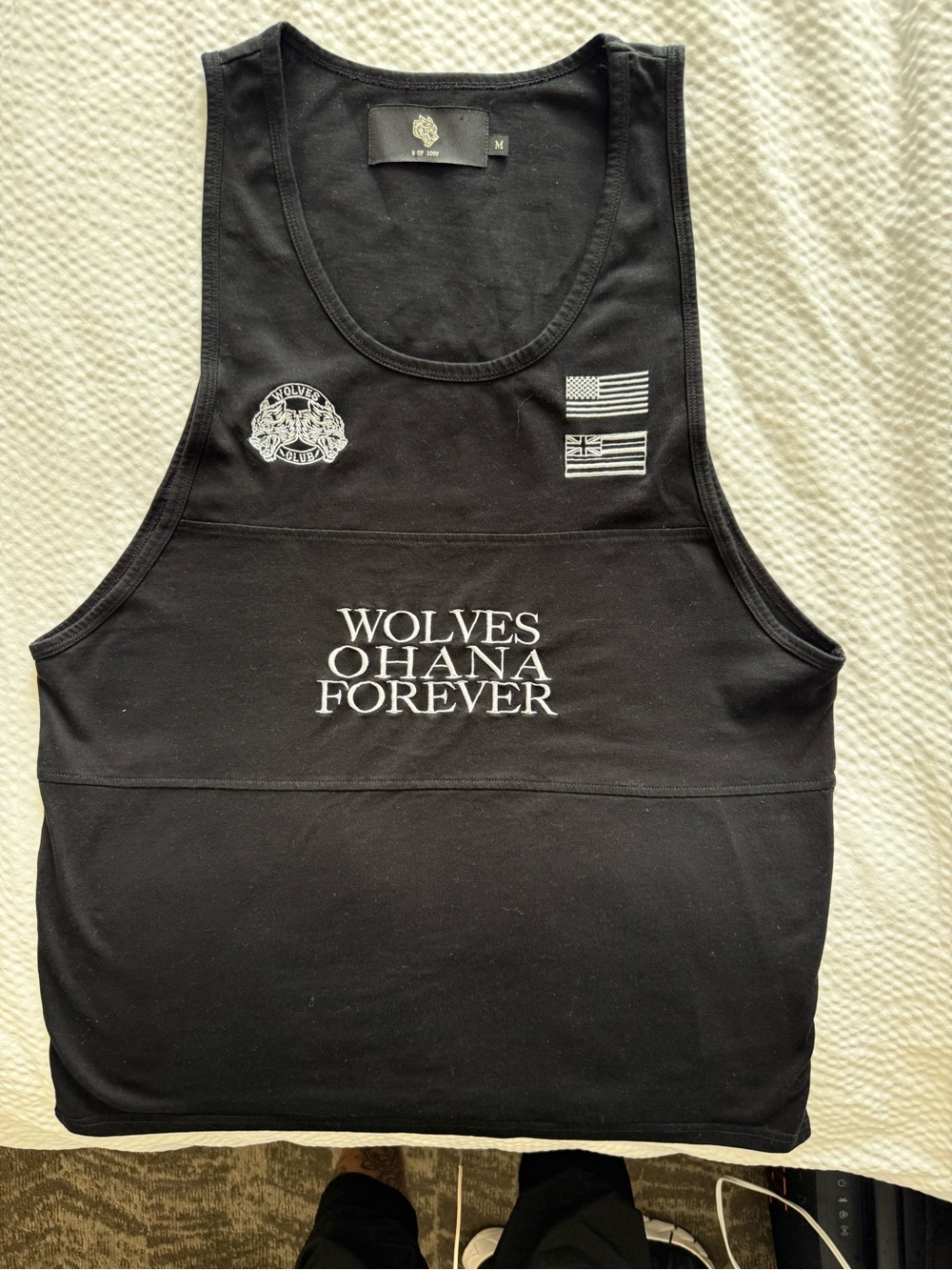 NWOT Darc Sport Black Tank Top with White 'Wolves Ohana Forever' Graphic